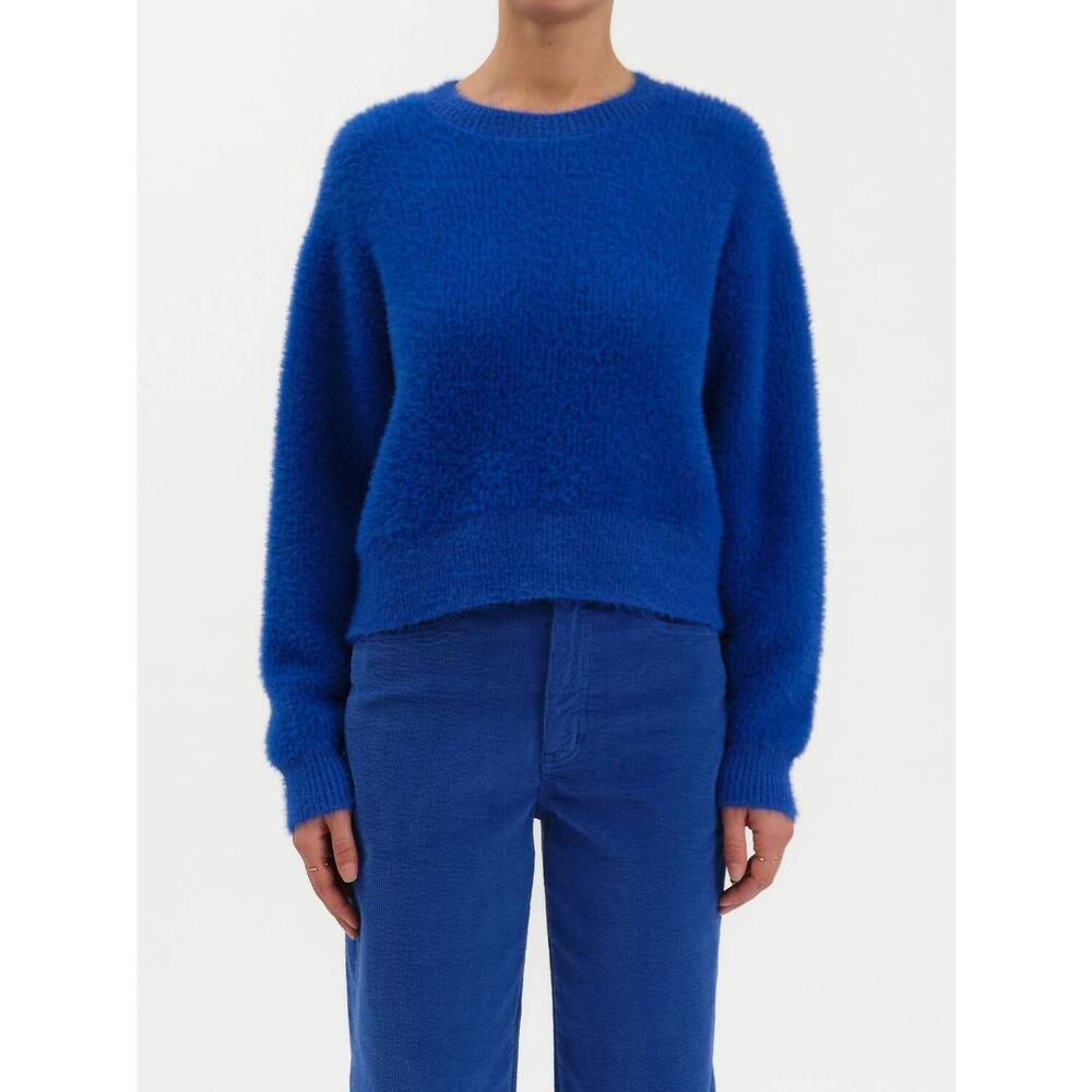 NEW DAZE fuzz crewneck eyelash sweater in cobalt
